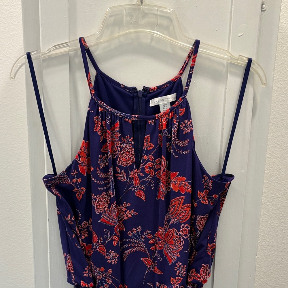 London Times Navy Halter Camisole with Red Floral Print